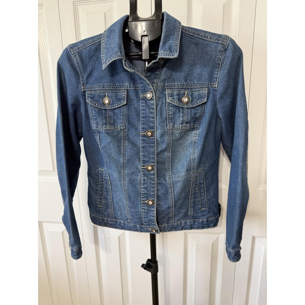 Christopher & Banks Womens S Blue Denim Jacket Rhinestone Button Stretch 000075
